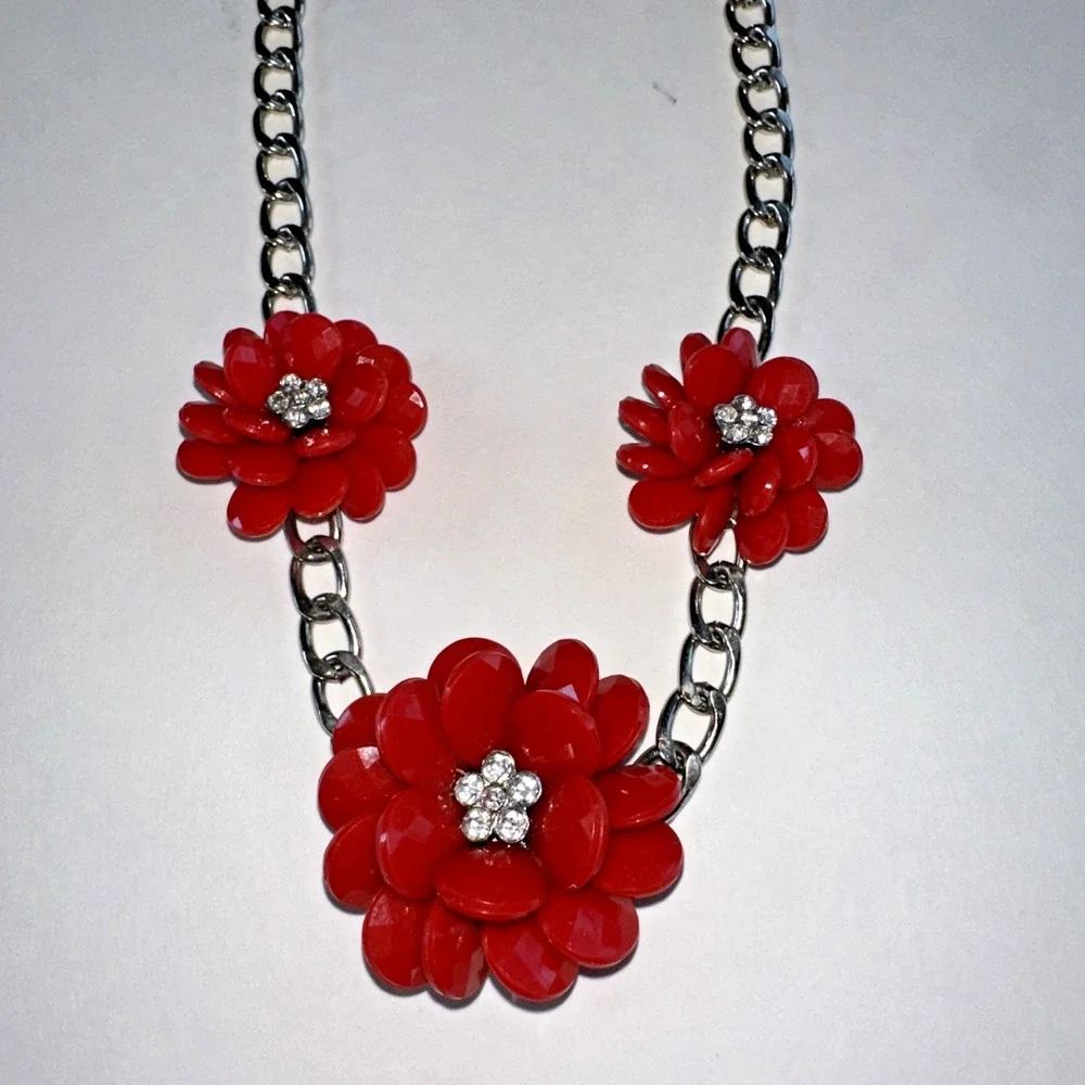Unbranded Floral Statement Necklace Women OS Red Excellent Rhinestone Chunky